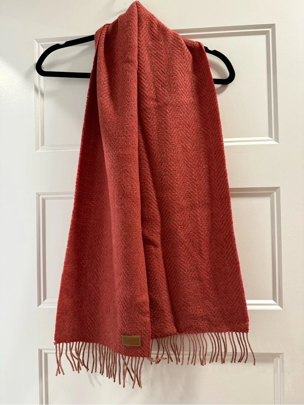 Coach Rust-Pink Herringbone Scarf with Fringe